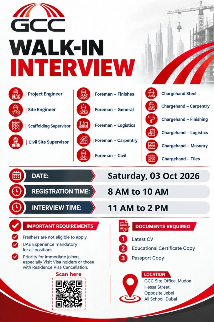 GCC Contracting walk in interview Dubai poster – 3 Oct 2026