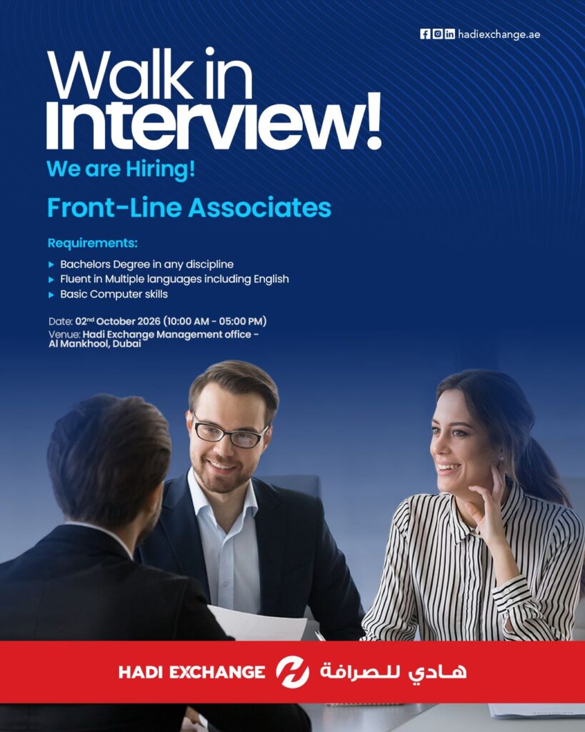 Hadi Exchange walk in interview Dubai poster – 2 Oct 2026