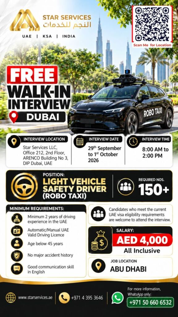 Star Services FM walk in interview Dubai poster – 29 Sep – 1 Oct 2026