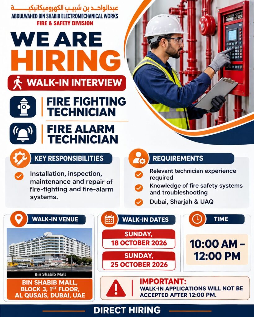 Recruitment poster for Bin Shabib Fire Safety Walk-In Dubai | 18 & 25 Oct 2026