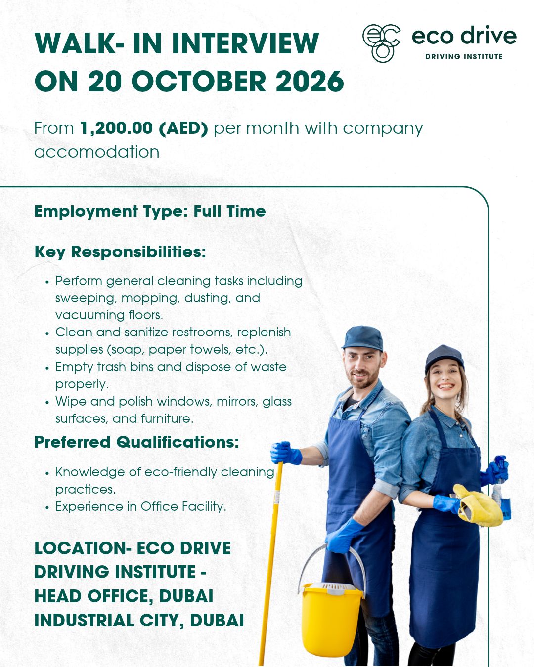 Recruitment poster for Eco Drive Cleaner Walk-In Dubai | 20 October 2026