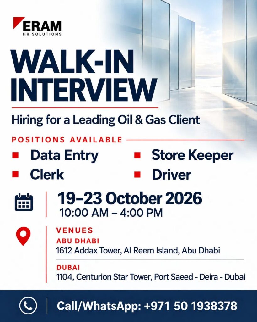 Recruitment poster for Eram HR Walk-In Dubai & Abu Dhabi | 19–23 Oct 2026