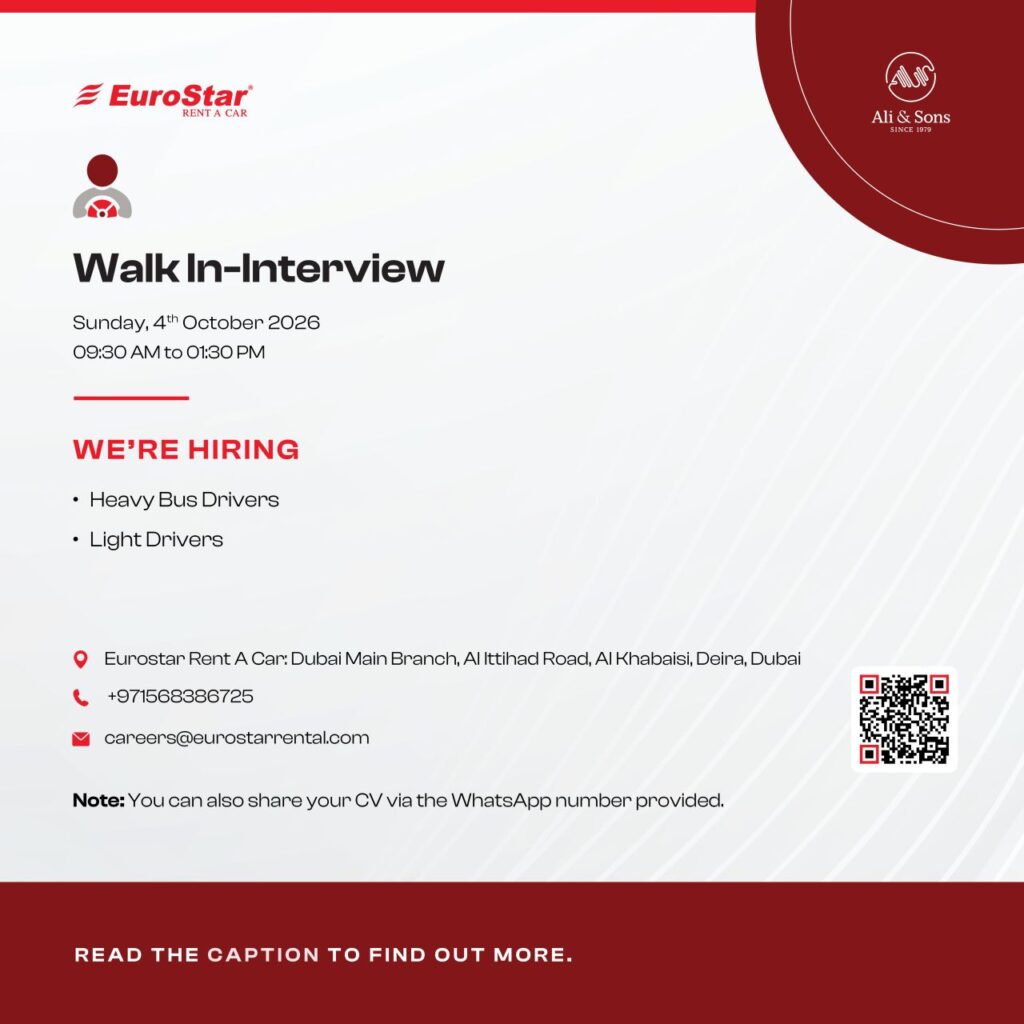 EuroStar Rent A Car walk in interview Dubai poster – 4 Oct 2026