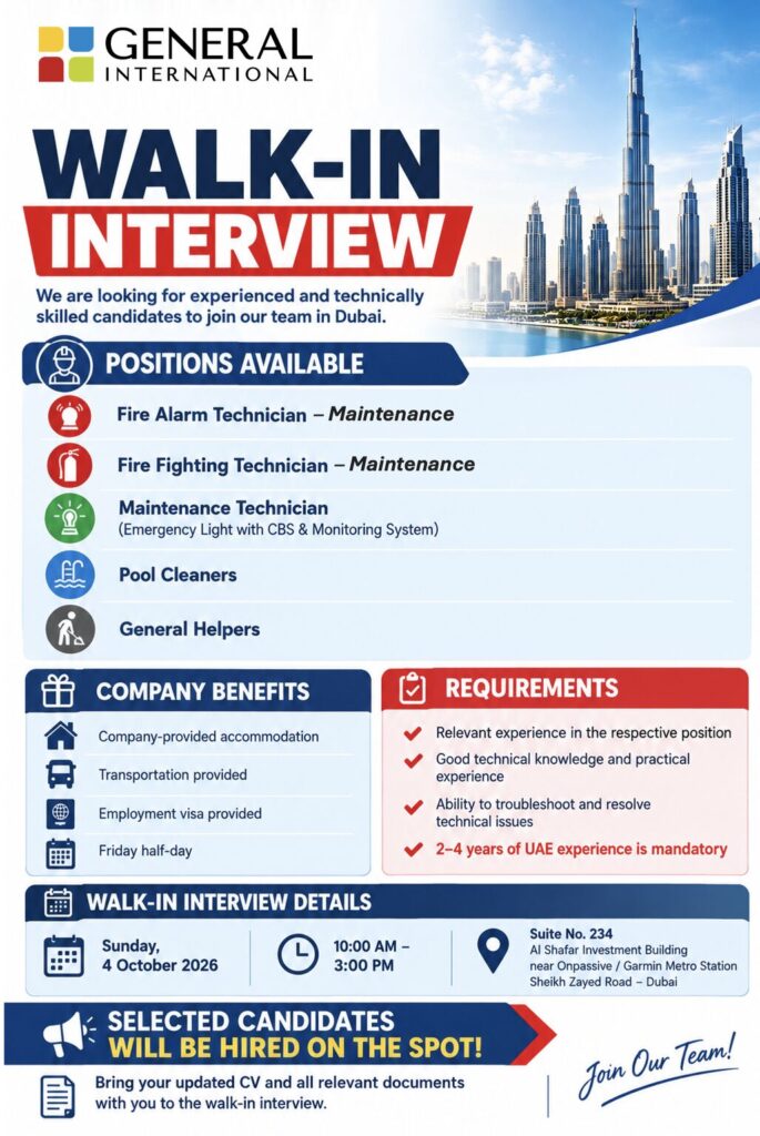 General International walk in interview Dubai poster – 4 Oct 2026