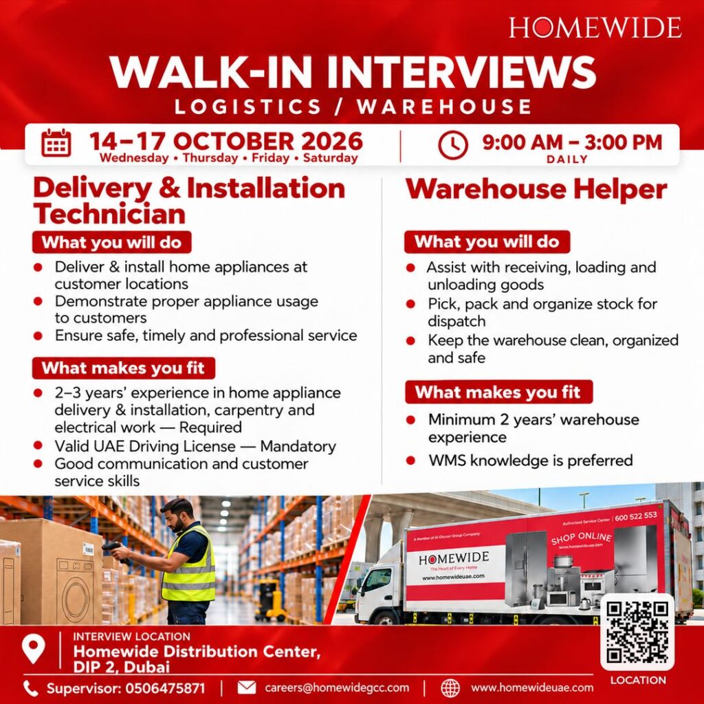 Recruitment poster for Homewide Warehouse Walk-In Dubai DIP | 14–17 Oct 2026