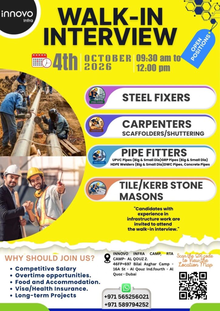 Innovo Infra walk in interview Dubai poster – 4 Oct 2026