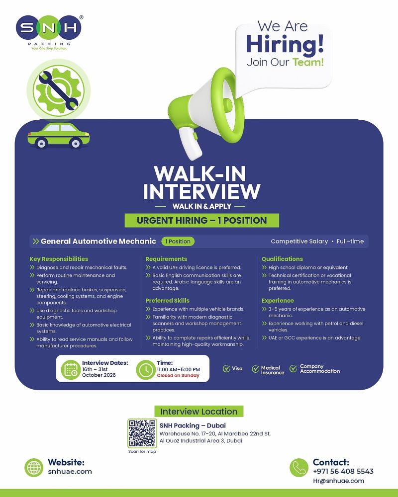Recruitment poster for SNH Packing Mechanic Walk-In Dubai | Until 31 Oct 2026
