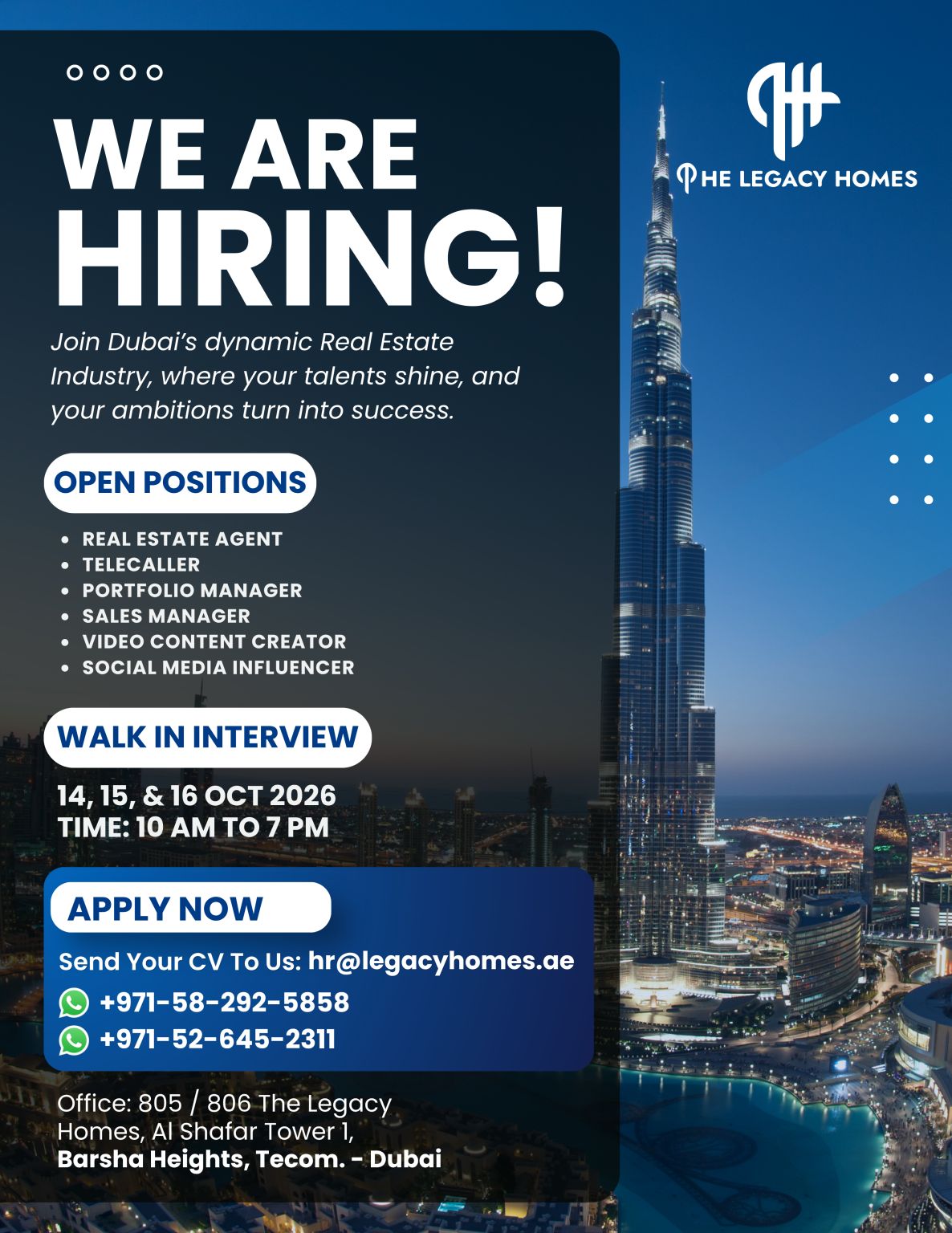 Recruitment poster for Legacy Homes Walk-In Barsha Heights | 14–16 Oct 2026