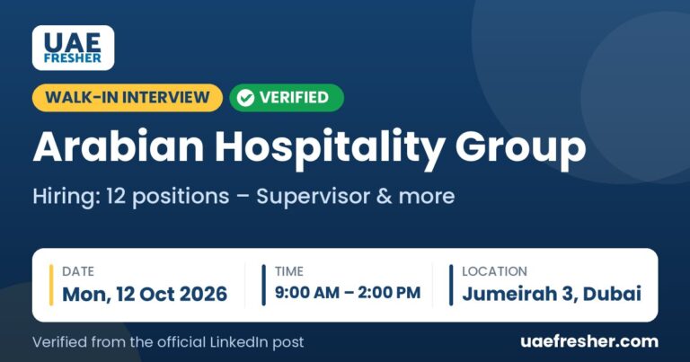 Arabian Hospitality Group walk in interview Jumeirah 3, Dubai – Mon, 12 Oct 2026