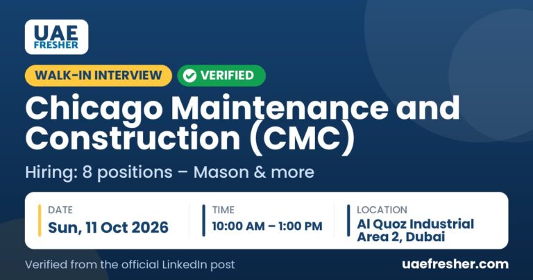 Chicago Maintenance and Construction (CMC) walk in interview Al Quoz Industrial Area 2, Dubai – Sun, 11 Oct 2026