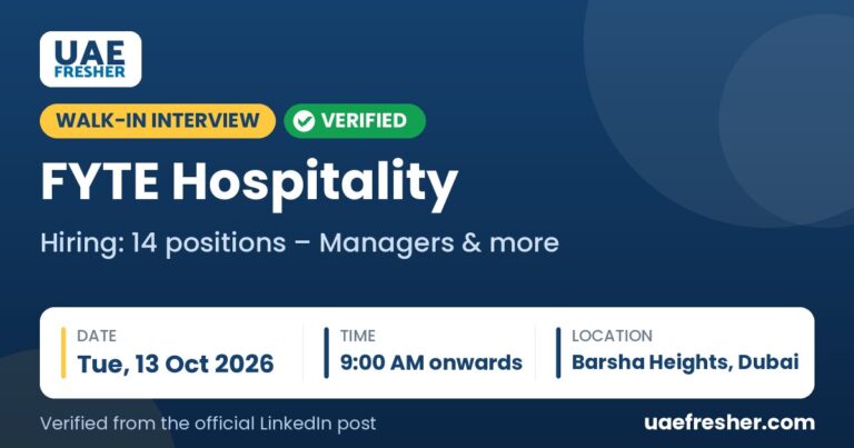 FYTE Hospitality walk in interview Barsha Heights, Dubai – Tue, 13 Oct 2026