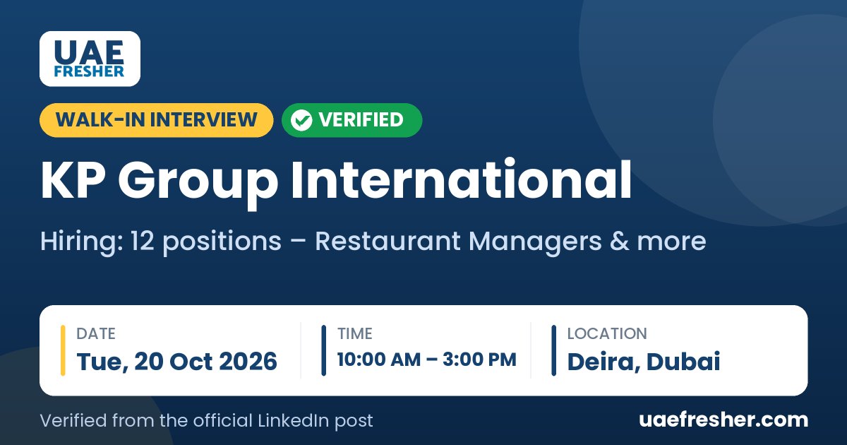 KP Group Walk in Interview in Dubai – 20 Oct 2026